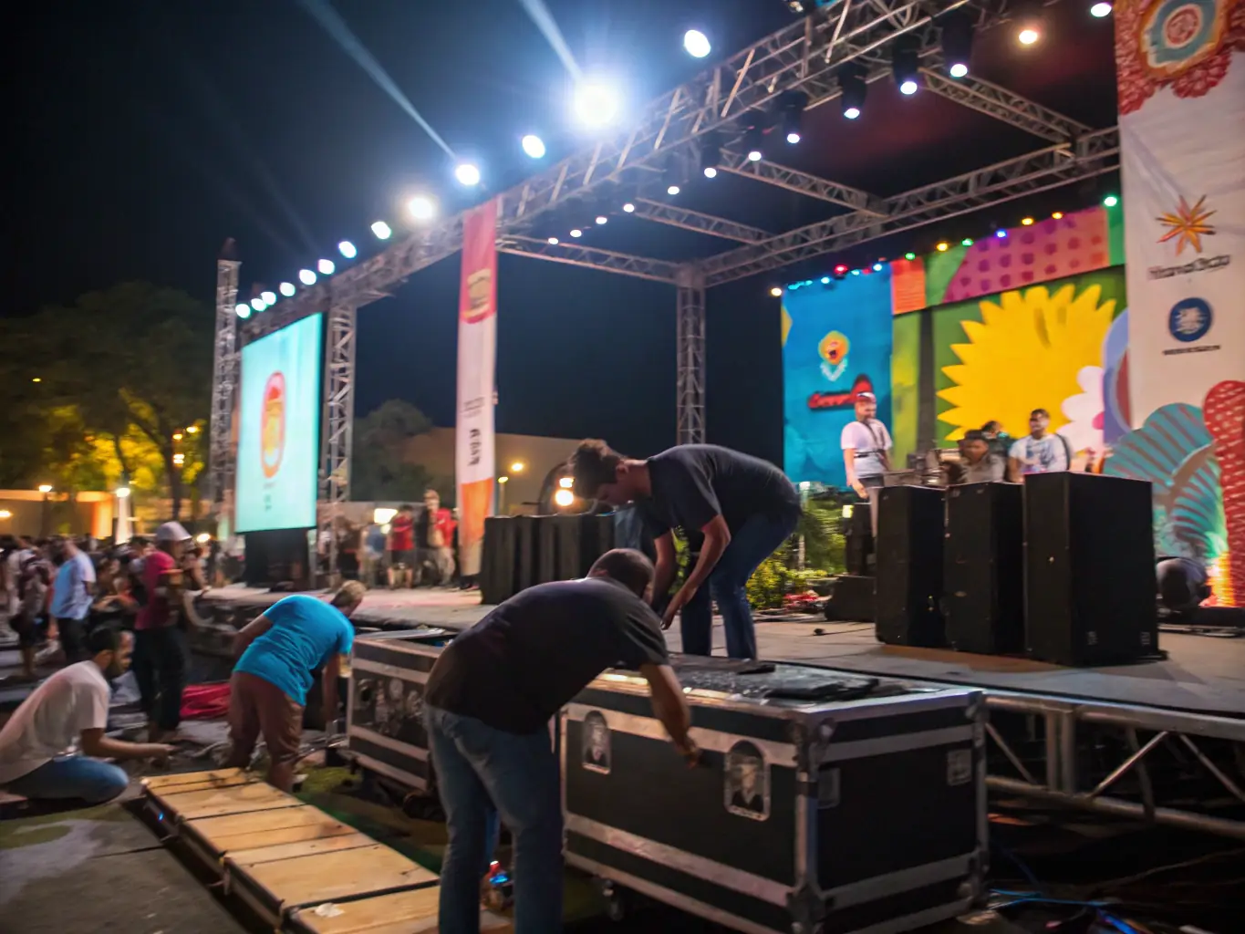 A photo of volunteers setting up for a community music event, emphasizing the collaborative effort and community spirit behind EKSTAZ ENTERTAINMENT's activities.