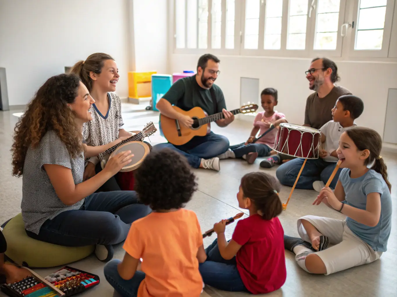 A vibrant image of a diverse group of people participating in a music workshop, showcasing hands-on learning and community engagement.